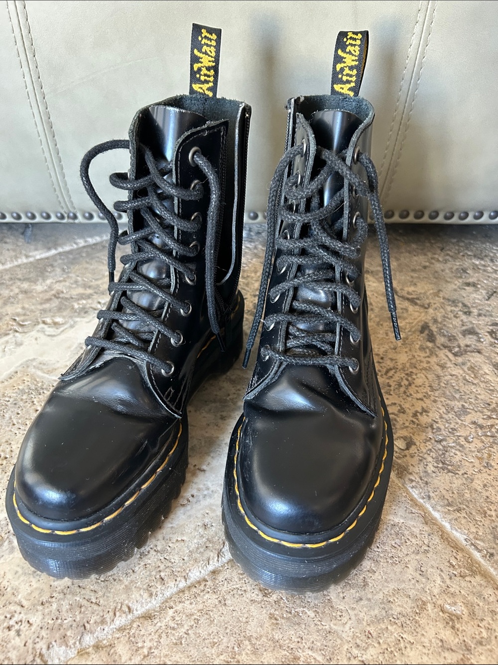 Dr. Martens Black Lace-Up Platform Boots with Yellow Stitching
